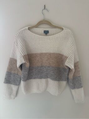 Cozy Striped Crewneck Sweater in Cream, Taupe & Gray